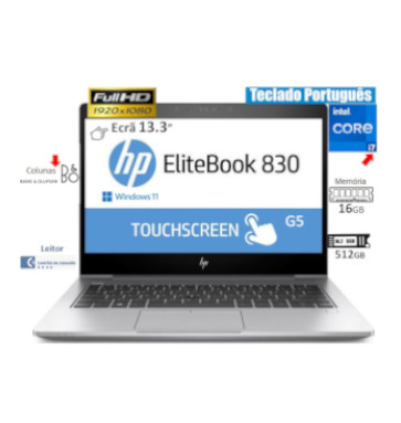 Portátil HP EliteBook 830 G5  Recondicionado COMO NOVO | CPU INTEL I7 8650U | Mem 16GB | Disco SSD 512GB | Ecrã 13.3p Touch FHD |  Colunas Bang & Olufsen | Teclado Português Reto-iluminado | Win 11 PRO