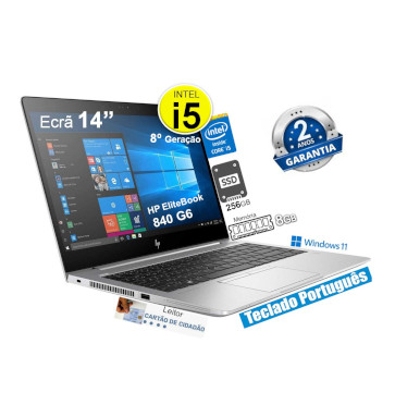 Portátil HP EliteBook 840 G6  Recondicionado | CPU Intel Core i5-8365U | Mem 8GB DDR4 | Disco SSD 256GB | Ecrã 14p FHD | Colunas  Bang & Olufsen | Leitor cartão cidadão | Win 11 Pro | Teclado em Português 