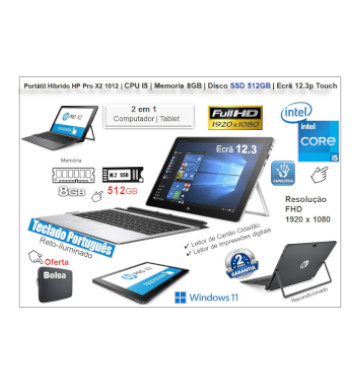 Portátil Híbrido 2 em 1 Elite HP PRO X2 612 G2  Recondicionado | Intel Core i5 | Mem 8GB DDR4 | Disco SSD 512GB | Ecrã 12.3p Touch FHD | Teclado Português Reto-iluminado | Leitor de Cartão Cidadão | Win 11 PRO | OFERTA Bolsa